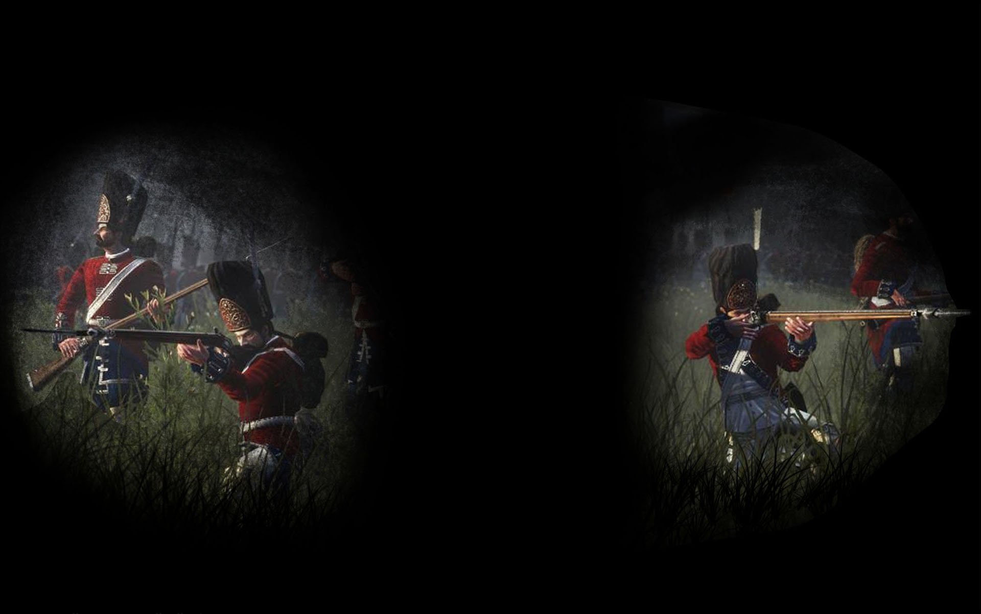 HD PC desktop wallpaper from the video game Empire: Total War showing red-coated British musketeers firing across tall grass, framed within two dark vignette windows.