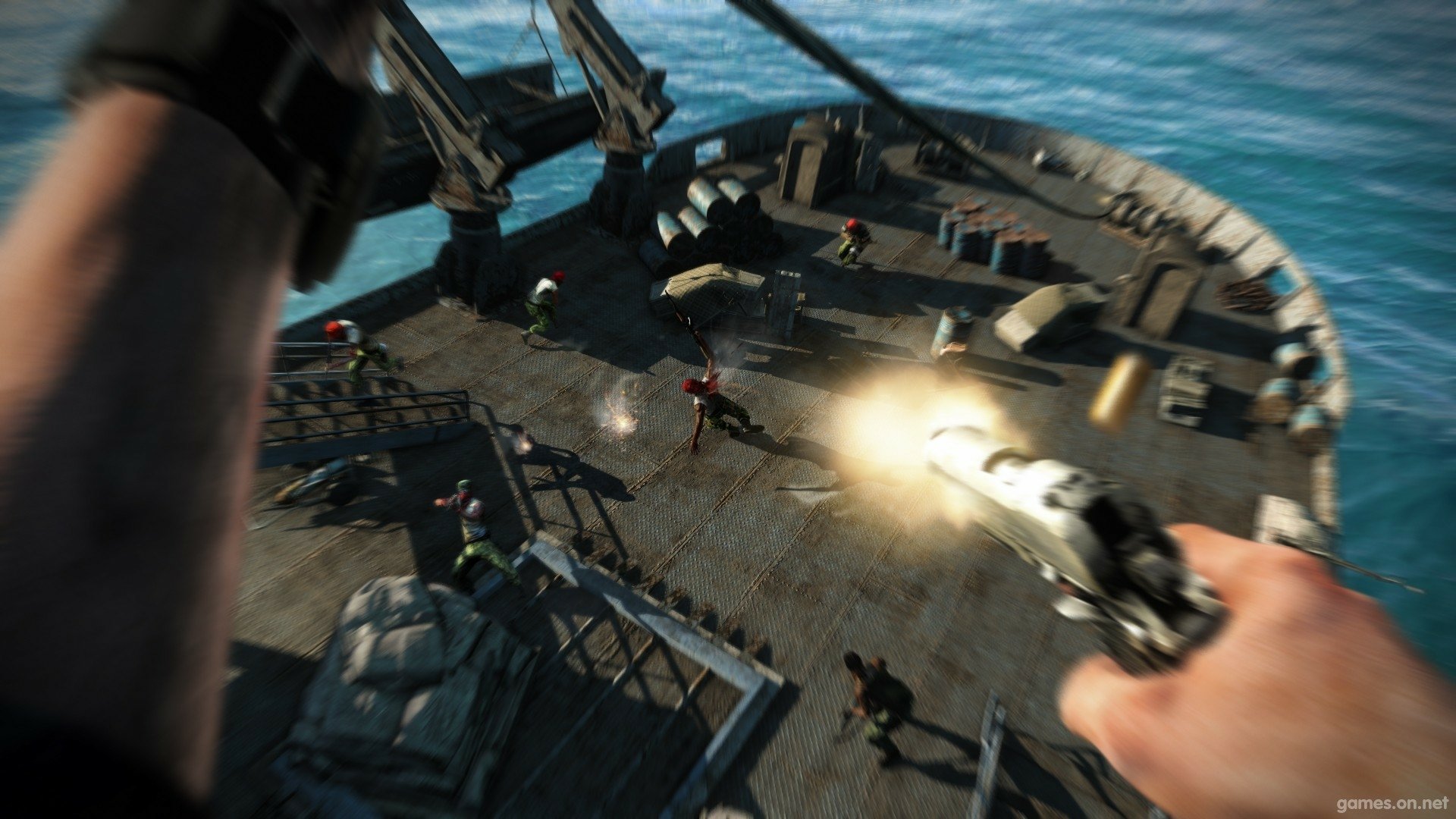 HD PC desktop wallpaper from the video game Far Cry 3 showing a first-person perspective of a character shooting a revolver on a boat surrounded by enemies.
