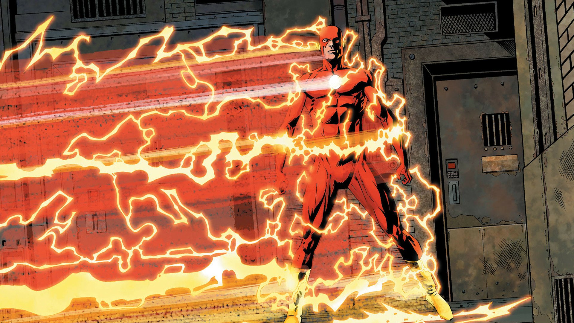 A dynamic comic-style image of The Flash, surrounded by vibrant lightning effects, serves as an HD desktop wallpaper and background, capturing the character's speed and energy.