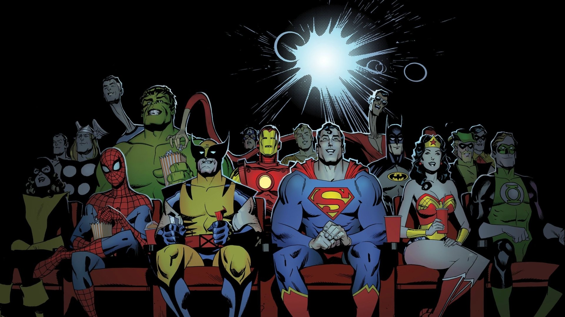 A colorful comic crossover scene featuring iconic superheroes like Spider-Man, Superman, and Wonder Woman, seated in a theater, illuminated by a spotlight. High-definition desktop wallpaper.