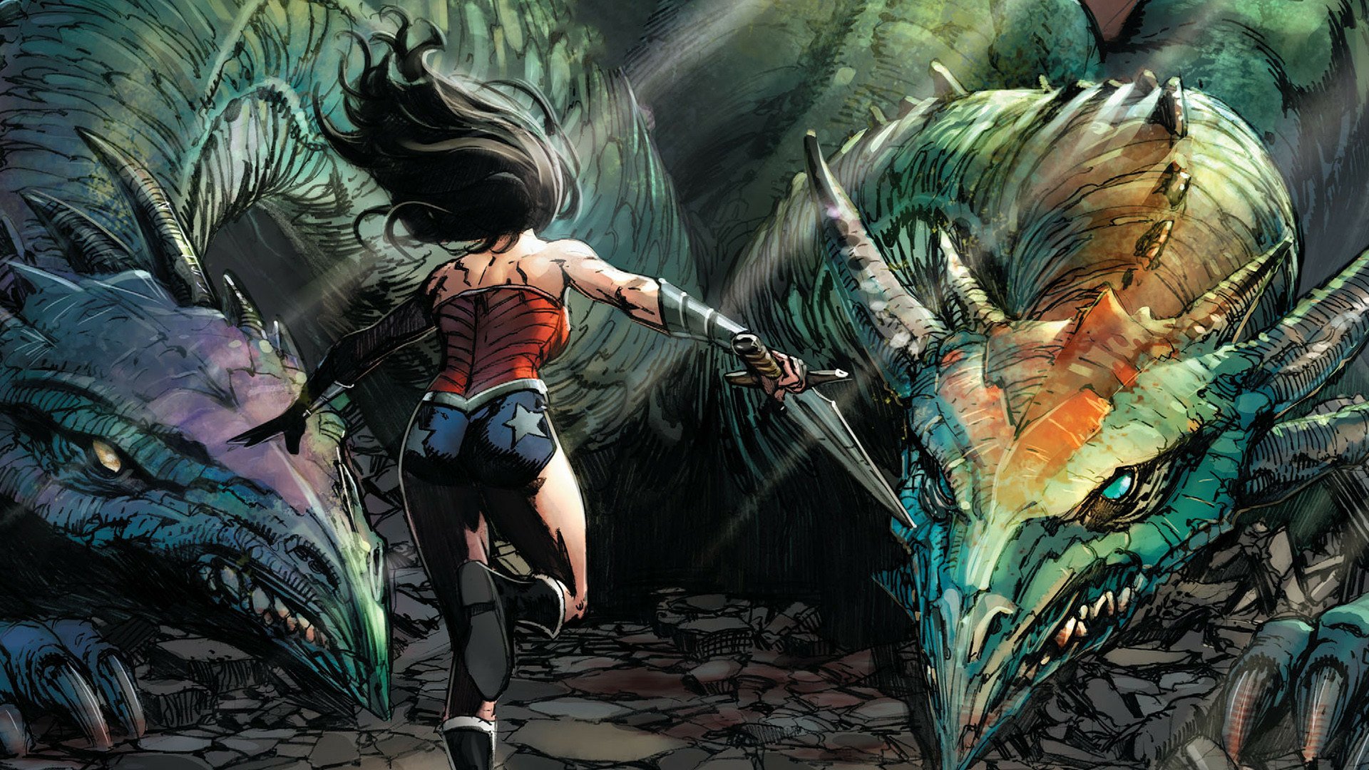 HD PC desktop wallpaper featuring a dynamic comic-style Wonder Woman facing two large, colorful dragons in a dark, rocky environment.