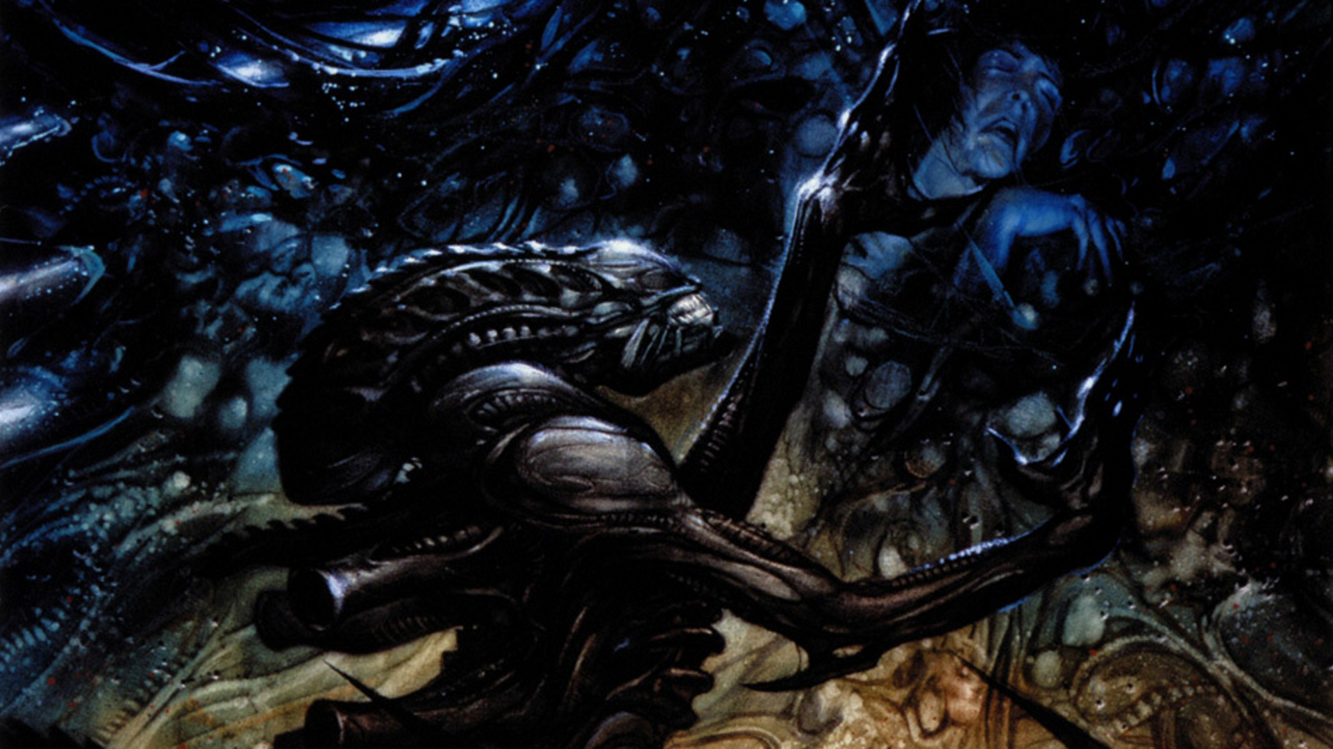 HD PC desktop wallpaper featuring a dark, sci-fi scene with an eerie alien figure in a mysterious, shadowy environment.