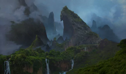 A breathtaking HD wallpaper from Uncharted 4: A Thief's End, showcasing rugged mountains, lush greenery, and dramatic waterfalls set against a moody sky.