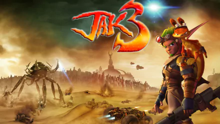 Video game Jak 3 HD PC desktop wallpaper: Jak with Daxter stands in a sunlit desert wasteland as a spiderlike mech and ruined city loom beneath the game's logo and a dramatic sky.