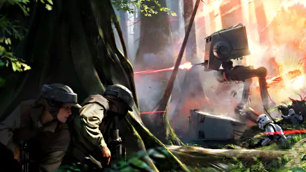 4K Ultra HD PC desktop wallpaper from Star Wars Battlefront (2015) featuring intense forest combat with stormtroopers, rebels, and an AT-ST walker in action.