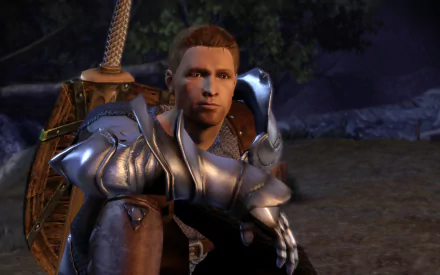 Alistair Theirin from the video game Dragon Age: Origins appears in detailed armor, set against a dark outdoor background in this HD PC desktop wallpaper.
