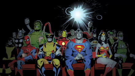 A colorful comic crossover scene featuring iconic superheroes like Spider-Man, Superman, and Wonder Woman, seated in a theater, illuminated by a spotlight. High-definition desktop wallpaper.