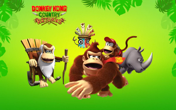 HD desktop wallpaper of 'Donkey Kong Country Returns' featuring Donkey Kong, Diddy Kong, and friends on a green, leafy background.