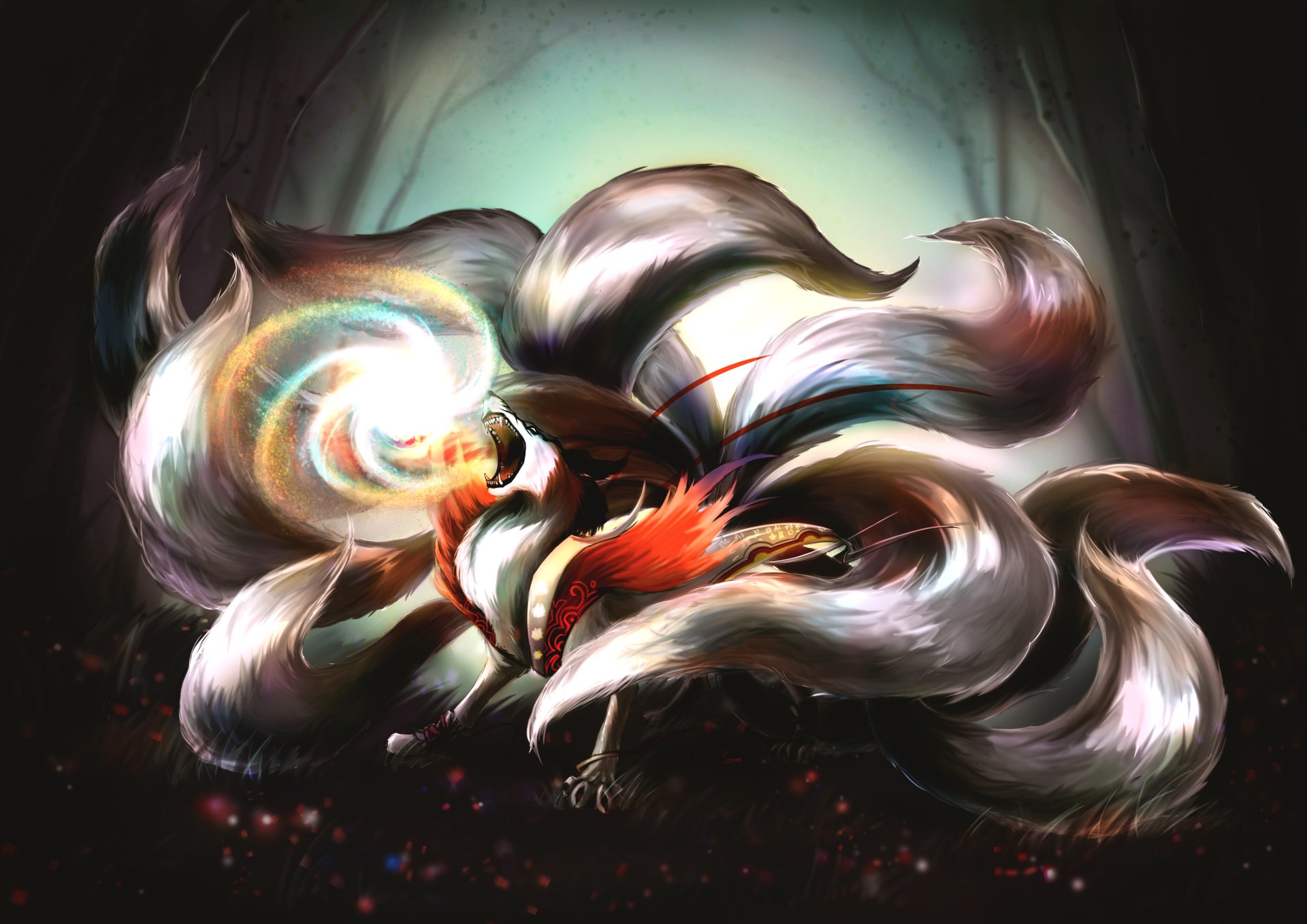 4K Ultra HD wallpaper featuring Ahri from League of Legends, depicted as a mystical beast with glowing orbs and flowing tails in a dynamic video game art style.