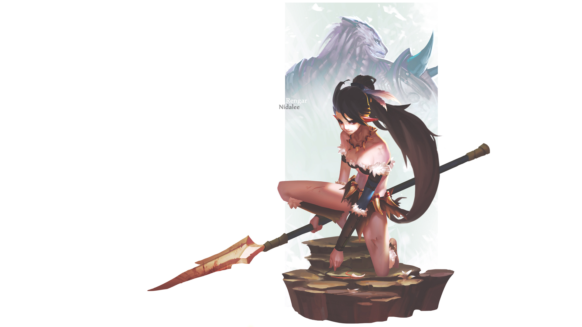HD desktop wallpaper featuring Nidalee from League of Legends holding her spear, with a ghostly image of Rengar in the background, capturing the game's dynamic characters.