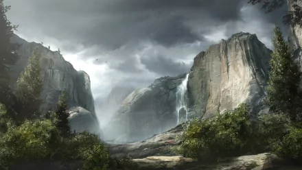 HD wallpaper featuring a dramatic mountain landscape with towering cliffs, cascading waterfalls, and a stormy sky.
