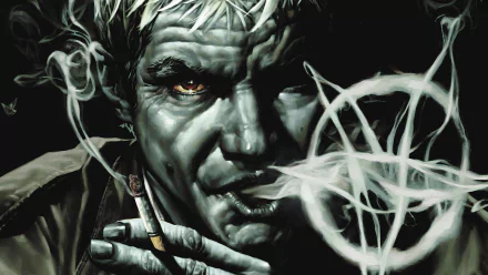 HD PC desktop wallpaper of John Constantine from Hellblazer, featuring a close-up comic-style portrait with smoke swirling around his face.