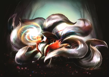 4K Ultra HD wallpaper featuring Ahri from League of Legends, depicted as a mystical beast with glowing orbs and flowing tails in a dynamic video game art style.
