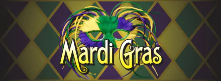 Colorful Mardi Gras mask with feathers set against a vibrant diamond-patterned background, designed as an HD PC desktop wallpaper celebrating the holiday.