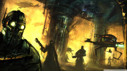 HD sci-fi desktop wallpaper featuring glowing-eyed robots and futuristic soldiers in a dark, industrial environment with flying drones and dramatic lighting.