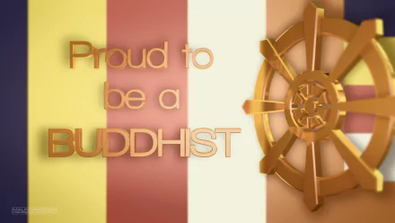 HD desktop wallpaper showcasing the Sri Lankan flag, a golden Dharma Wheel, and the text Proud to be a BUDDHIST, highlighting the religious and cultural significance of Buddhism.