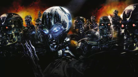 An intense scene from Terminator 3: Rise of the Machines, featuring a menacing army of futuristic robots against a fiery backdrop, serving as a striking HD desktop wallpaper.
