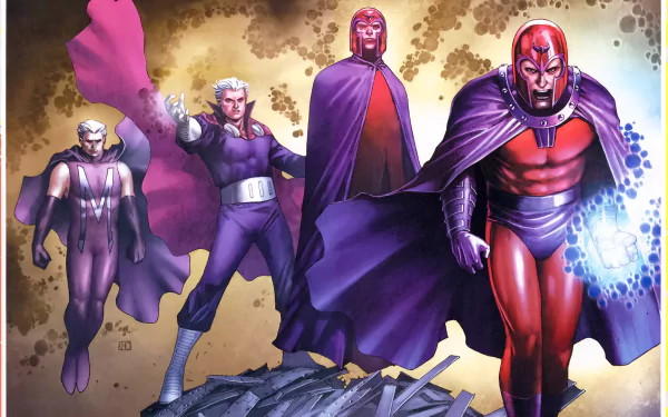 HD PC desktop wallpaper/background: Magneto (Marvel Comics, Earth 616) leads allies in a dramatic comic scene with purple-red tones.