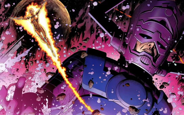 A vibrant HD comic wallpaper featuring Galactus, the cosmic entity, as he confronts a fiery figure in a cosmic battle amidst a colorful space backdrop.