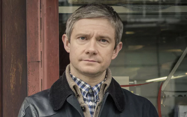 HD desktop wallpaper featuring Martin Freeman standing in front of a storefront.