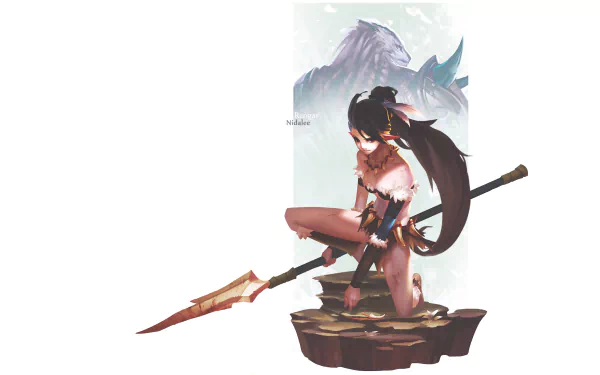 HD desktop wallpaper featuring Nidalee from League of Legends holding her spear, with a ghostly image of Rengar in the background, capturing the game's dynamic characters.