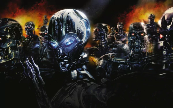 An intense scene from Terminator 3: Rise of the Machines, featuring a menacing army of futuristic robots against a fiery backdrop, serving as a striking HD desktop wallpaper.