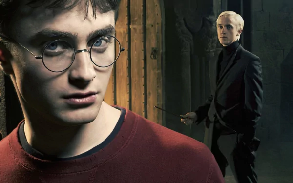 HD wallpaper featuring Draco Malfoy and Harry Potter from the movie Harry Potter and the Half-Blood Prince, capturing a tense moment between the two characters.
