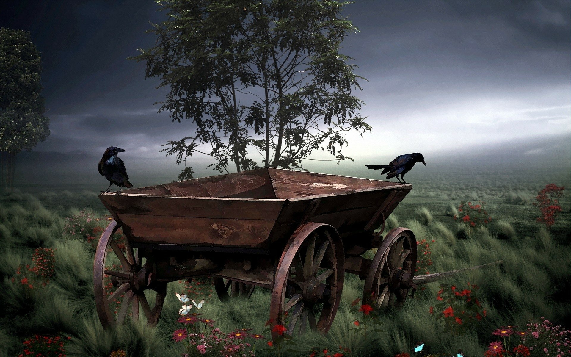 HD PC desktop wallpaper and background: moody field with a weathered wooden cart, wildflowers, and two crows (animal) perched beneath a stormy sky.