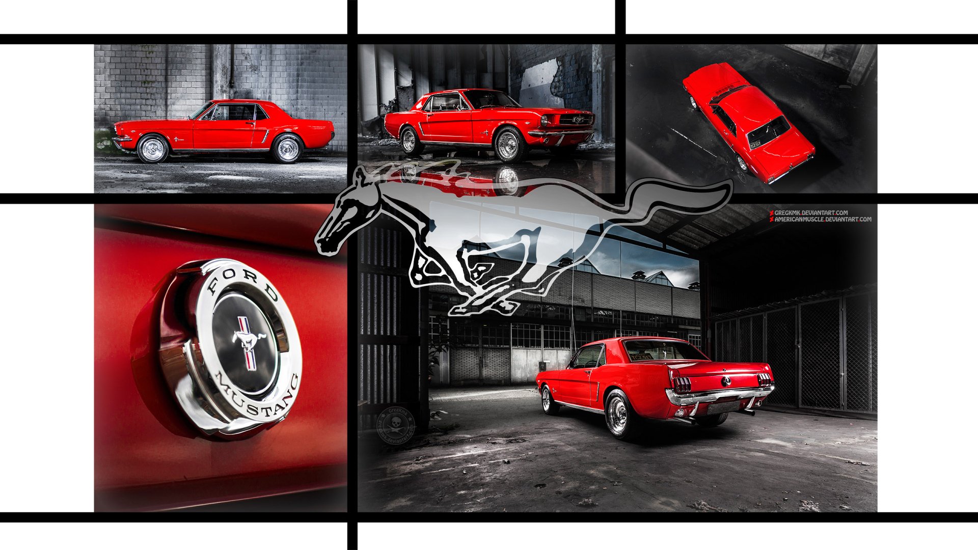 Red Ford Mustang in an industrial garage montage with close-up emblem and galloping horse logo — 2K Quad HD PC desktop wallpaper/background featuring Ford car vehicle.