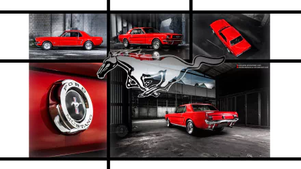 Red Ford Mustang in an industrial garage montage with close-up emblem and galloping horse logo — 2K Quad HD PC desktop wallpaper/background featuring Ford car vehicle.