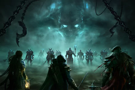 A dramatic HD wallpaper from The Elder Scrolls Online, featuring a group of warriors facing ominous spectral figures in a misty, shadowy landscape.