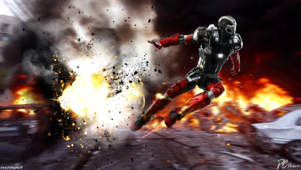 HD PC desktop wallpaper featuring a dynamic Hot Toys Iron Man 3 figure amid fiery explosions and debris.