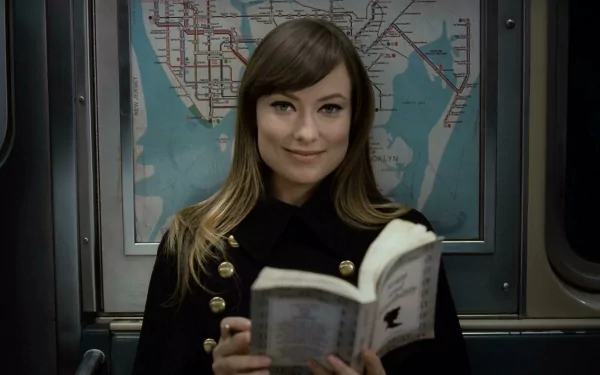 HD desktop wallpaper of a woman in a dark coat reading a book on a subway, film still from the movie The Longest Week.