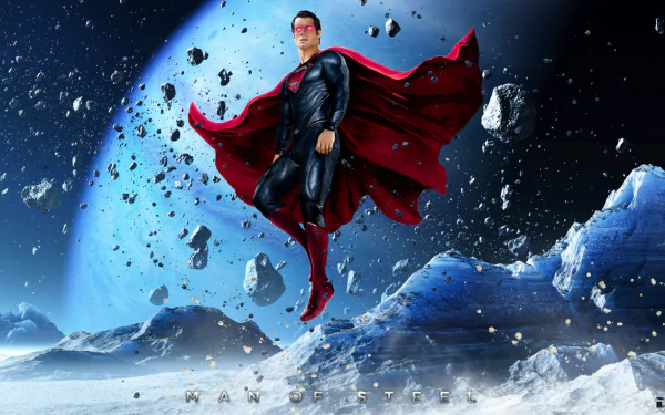 HD PC desktop wallpaper featuring Superman (Kal-El) from the Man of Steel movie, soaring in space surrounded by asteroids against a cosmic background.