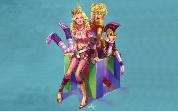 HD PC desktop wallpaper/background: vibrant retro video game artwork of two stylized characters perched on a translucent Nintendo 64 logo block.