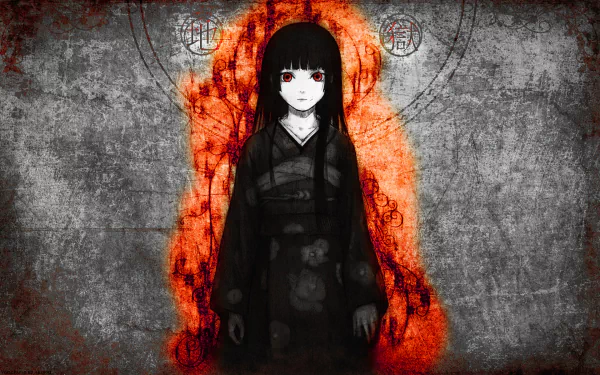HD PC desktop wallpaper featuring Ai Enma from the anime Jigoku Shōjo, standing against a fiery, textured background with a dark and eerie atmosphere.