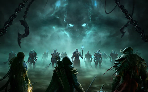 A dramatic HD wallpaper from The Elder Scrolls Online, featuring a group of warriors facing ominous spectral figures in a misty, shadowy landscape.