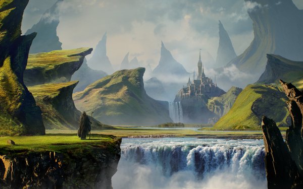Fantasy Landscape Mountain Waterfall Castle Pilgrim Gothic HD Wallpaper | Background Image