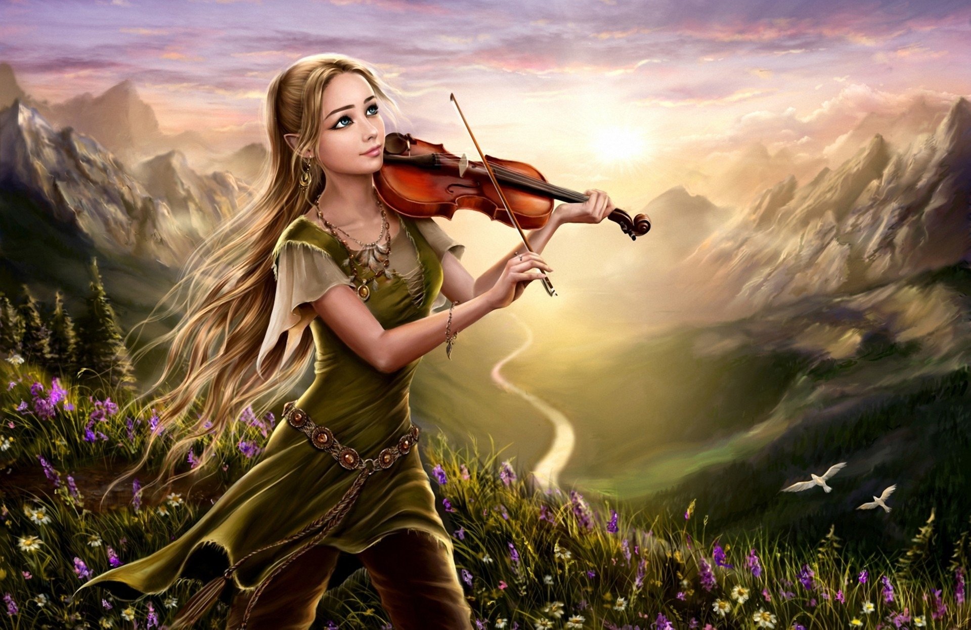 A woman plays the violin amidst a vibrant mountain landscape at sunrise, surrounded by blooming flowers and a serene river, capturing a fantasy scene in HD detail.