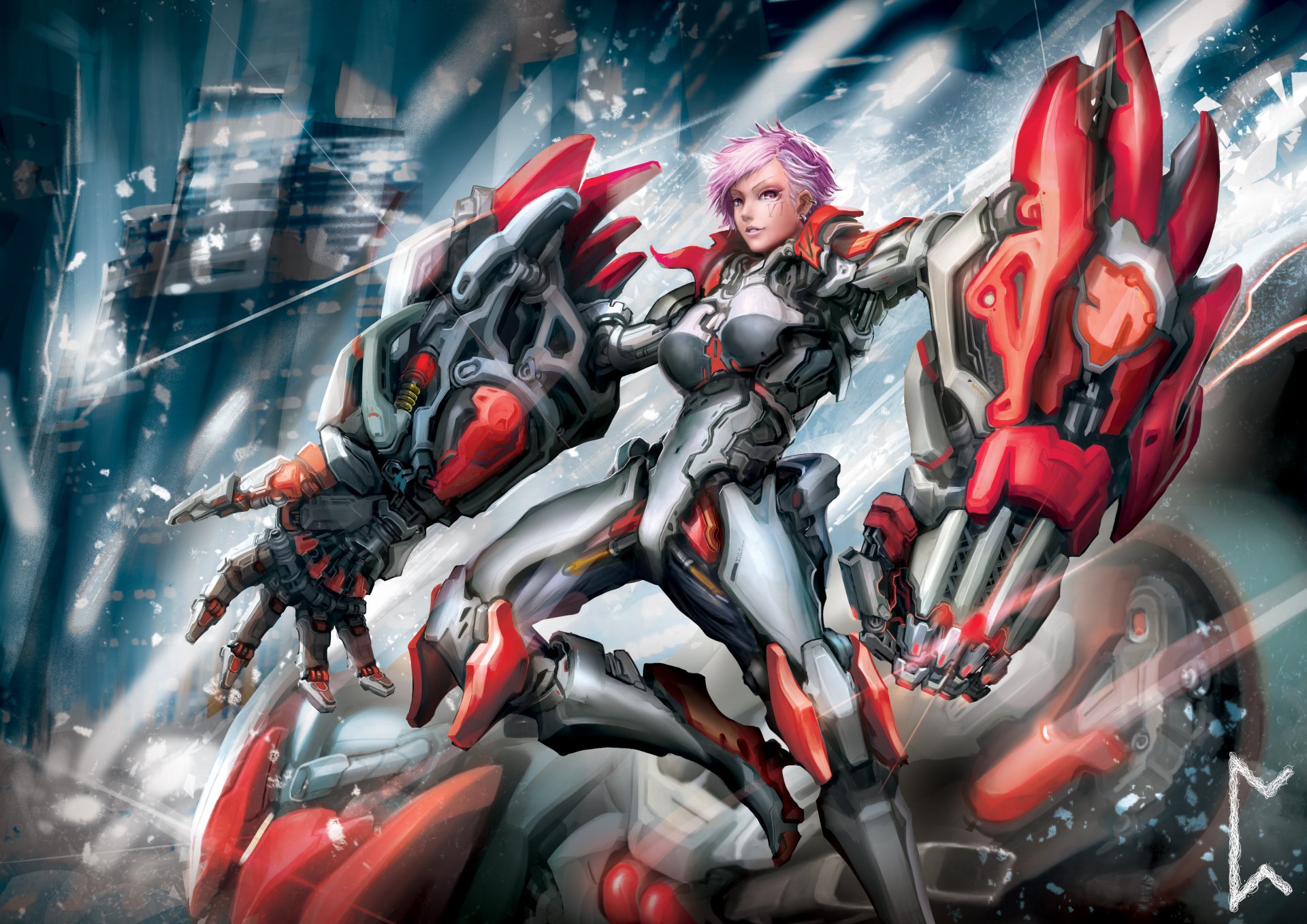 HD League of Legends desktop wallpaper featuring VI in futuristic armor with robotic arms against a dynamic cityscape background.