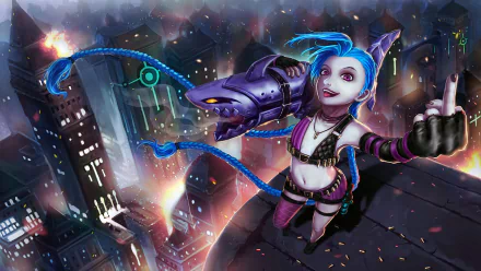 HD desktop wallpaper and background featuring Jinx, a character from the video game League of Legends, standing on a rooftop with a cityscape below, holding a weapon and smiling mischievously.