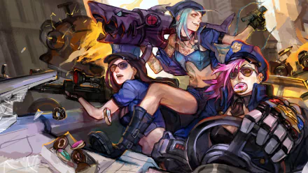 A dynamic HD wallpaper featuring Caitlyn, VI, and Jinx from League of Legends, showcasing their colorful, action-packed personas in a vibrant gaming scene.