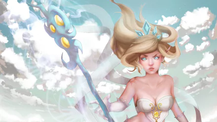 HD PC desktop wallpaper featuring Janna from League of Legends, showcasing her with flowing hair and a magical staff against a bright, cloudy sky background.