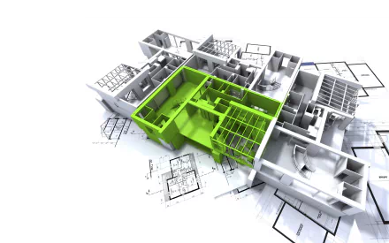 HD PC desktop wallpaper of a man-made architecture plan: white 3D building model with a green highlighted floor section over printed blueprints.