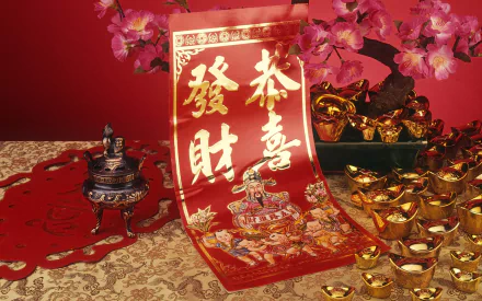 HD PC desktop wallpaper featuring vibrant Chinese New Year decorations, including a red scroll with gold calligraphy, gold ingots, and pink blossoms on a festive red background.