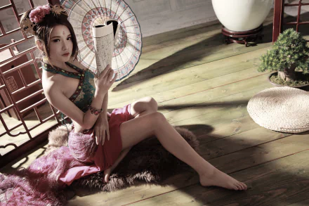 A Taiwanese woman with an umbrella sits elegantly on the floor, holding a book, surrounded by traditional decor. The image captures a blend of culture and beauty in stunning 4K resolution.