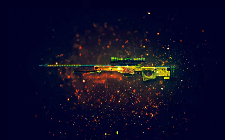 HD desktop wallpaper featuring the AWP sniper rifle from Counter-Strike: Global Offensive, set against a vibrant, particle-effect background.