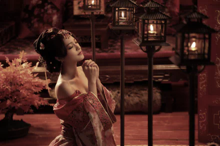 A woman in traditional Asian attire kneels beside lanterns, bathed in warm candlelight, adding a serene and cultural ambiance to this HD wallpaper background.