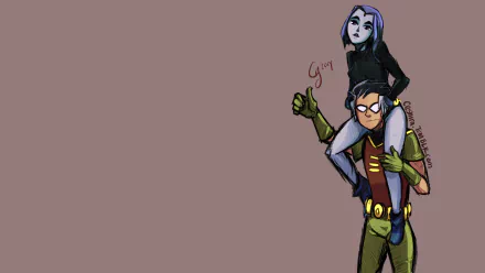 Dick Grayson as Robin playfully carries Raven on his back in this HD wallpaper from the Teen Titans TV show, showcasing a fun and dynamic duo from DC Comics.