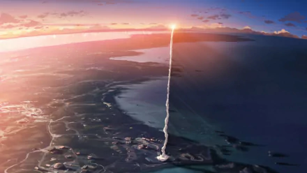 A stunning HD desktop wallpaper featuring a sunset sky with smoke from a rocket launch, inspired by the anime 5 Centimeters per Second, capturing a serene yet dynamic moment.